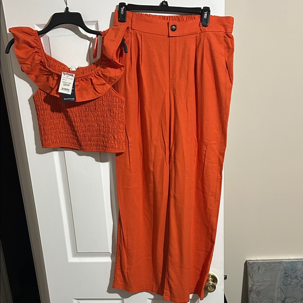 TJ Maxx Orange Wide Leg Pants & Ruffled Top Set